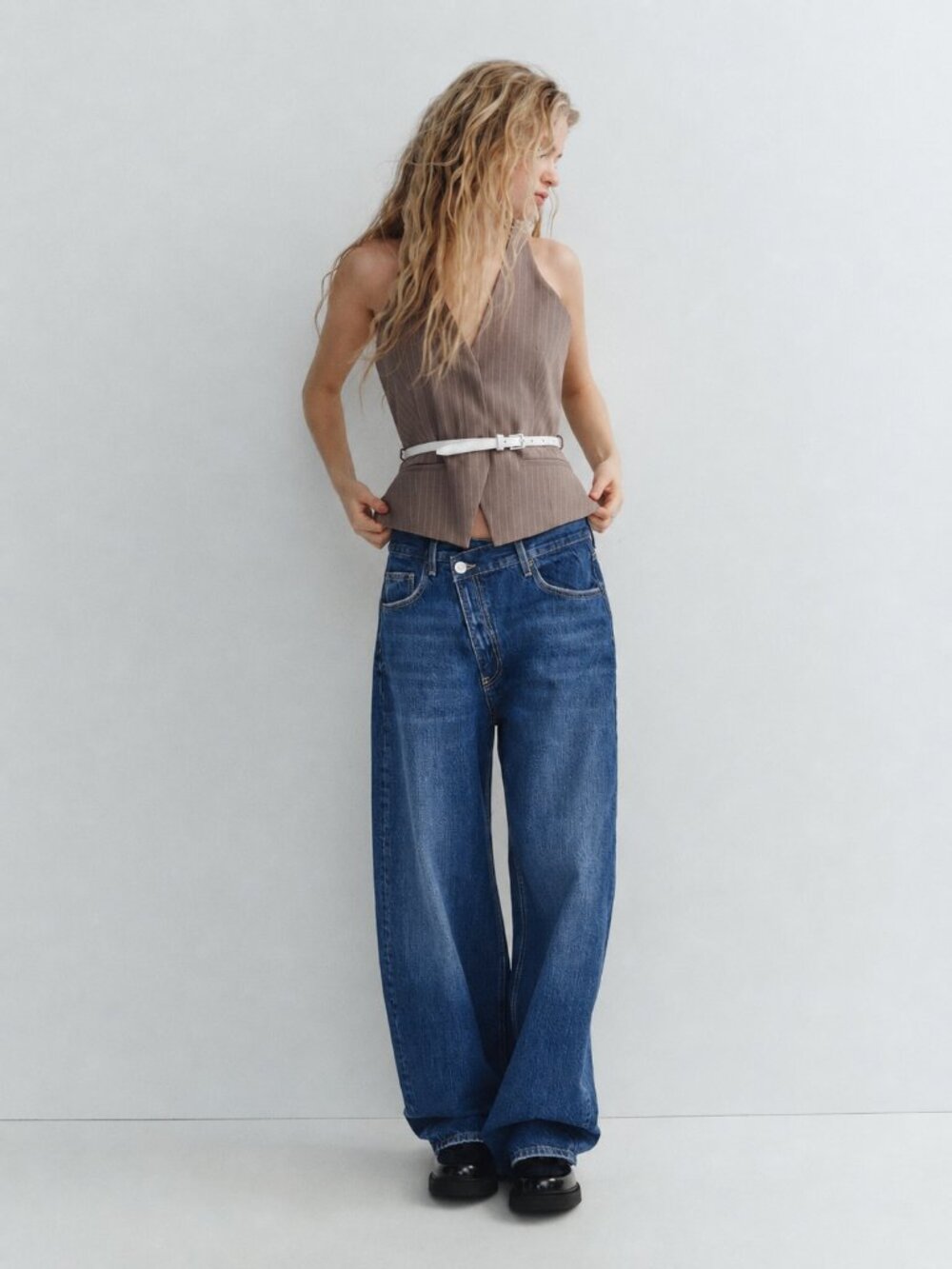 ZARA 100% Cotton Crossover Waist High Rise Wide Leg Blue Jeans US 10
